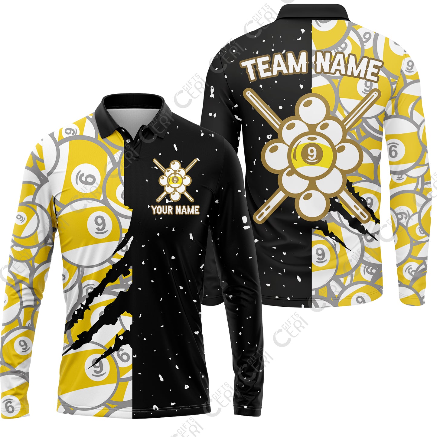 Customized Billiards Long Sleeve Polo Shirt, Splatter And Claw-Mark Effects 9 Ball Jersey