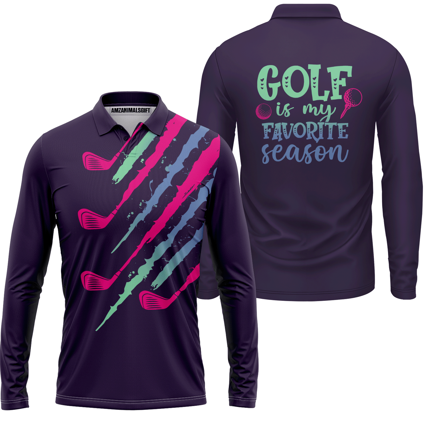 Purple Gradient Womens Golf Polo Shirt Custom Name Golf Is My Favorite Season, Golf Gifts For Women