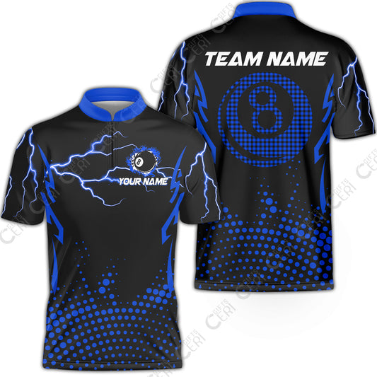 Customized Billiards Stand Collar Quarter-Zip Short Sleeve Jersey, Lightning Graphics With Dots 8 Ball Pool Jersey
