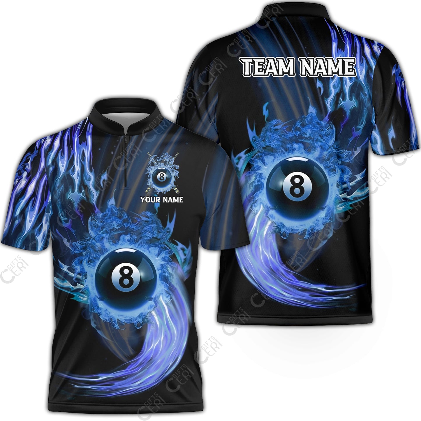 Customized 8 Ball Pool Stand Collar Quarter-Zip Short Sleeve Jersey,8-Ball Swirling Fire And Glowing Smoke, Billiards Jerseys