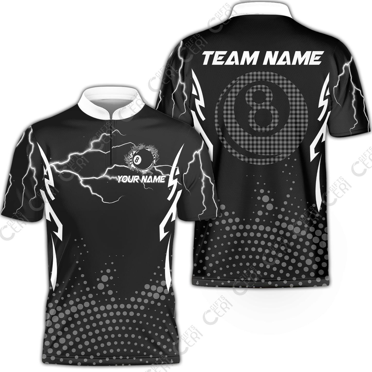 Customized Billiards Stand Collar Quarter-Zip Short Sleeve Jersey, Lightning Graphics With Dots 8 Ball Pool Jersey