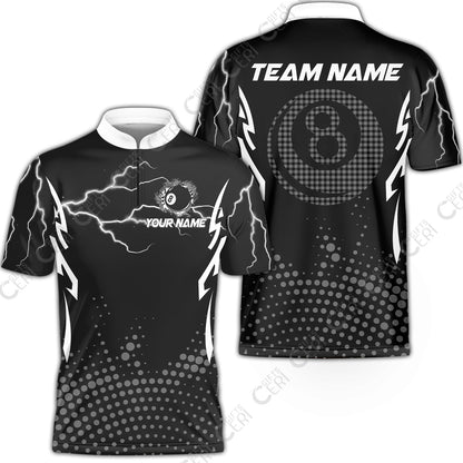 Customized Billiards Stand Collar Quarter-Zip Short Sleeve Jersey, Lightning Graphics With Dots 8 Ball Pool Jersey