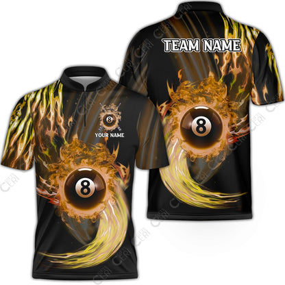 Customized 8 Ball Pool Stand Collar Quarter-Zip Short Sleeve Jersey,8-Ball Swirling Fire And Glowing Smoke, Billiards Jerseys