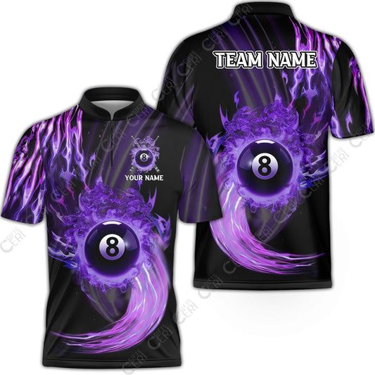 Customized 8 Ball Pool Stand Collar Quarter-Zip Short Sleeve Jersey,8-Ball Swirling Fire And Glowing Smoke, Billiards Jerseys