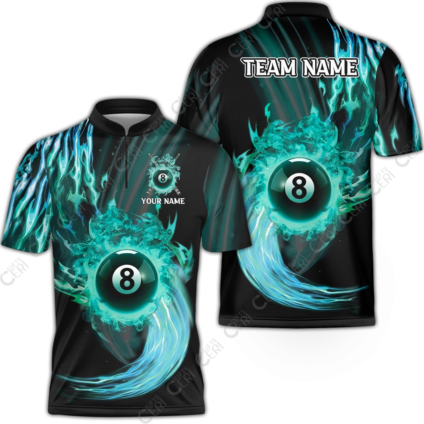 Customized 8 Ball Pool Stand Collar Quarter-Zip Short Sleeve Jersey,8-Ball Swirling Fire And Glowing Smoke, Billiards Jerseys