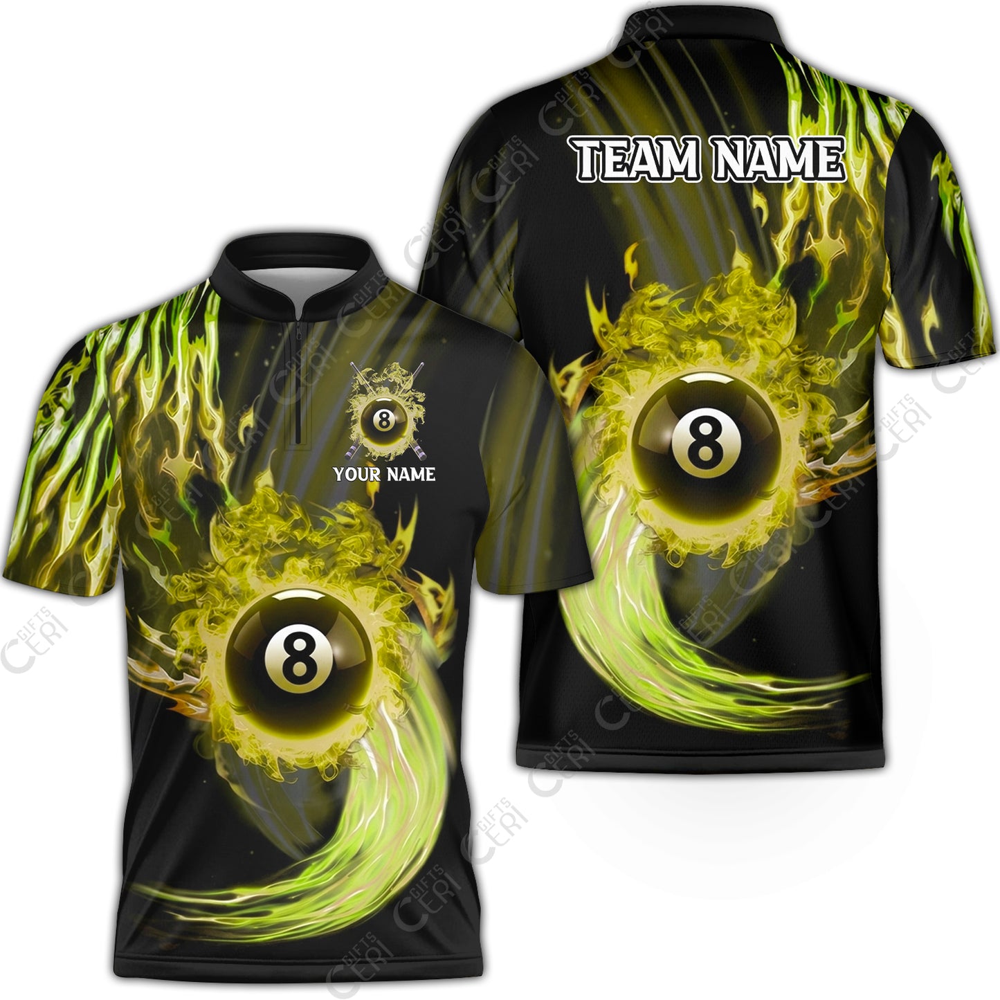 Customized 8 Ball Pool Stand Collar Quarter-Zip Short Sleeve Jersey,8-Ball Swirling Fire And Glowing Smoke, Billiards Jerseys