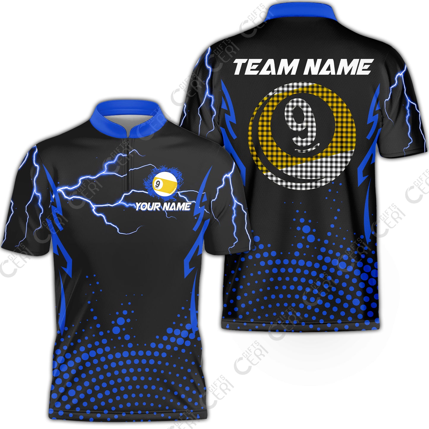 Customized Billiards Stand Collar Quarter-Zip Short Sleeve Jersey, Lightning Graphics With Dots 9 Ball Pool Jersey