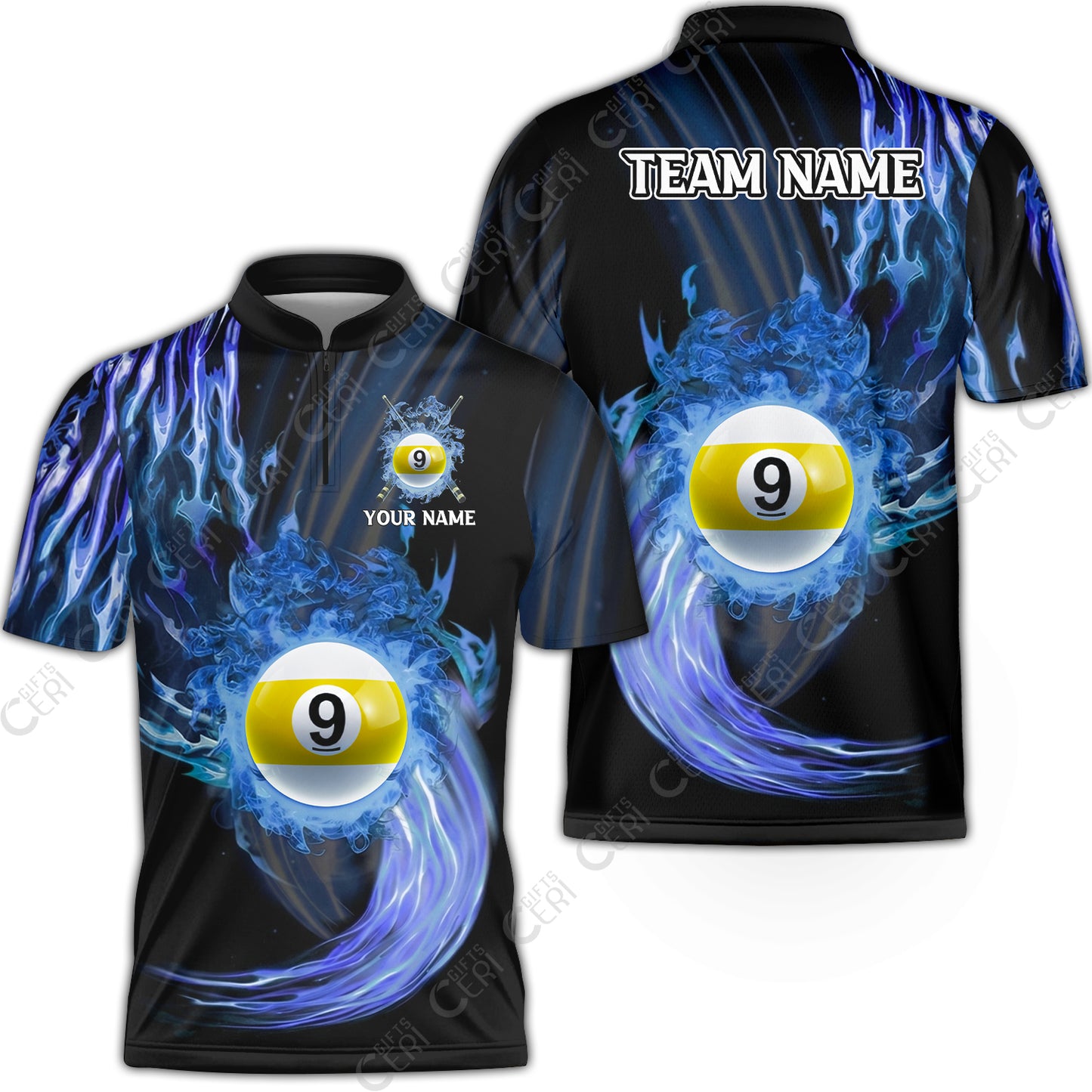 Customized 9 Ball Pool Stand Collar Quarter-Zip Short Sleeve Jersey,9-Ball Swirling Fire And Glowing Smoke, Billiards Jerseys
