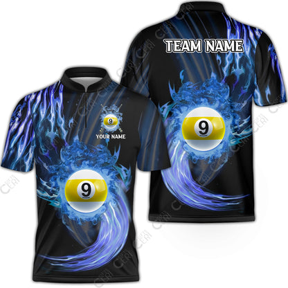 Customized 9 Ball Pool Stand Collar Quarter-Zip Short Sleeve Jersey,9-Ball Swirling Fire And Glowing Smoke, Billiards Jerseys