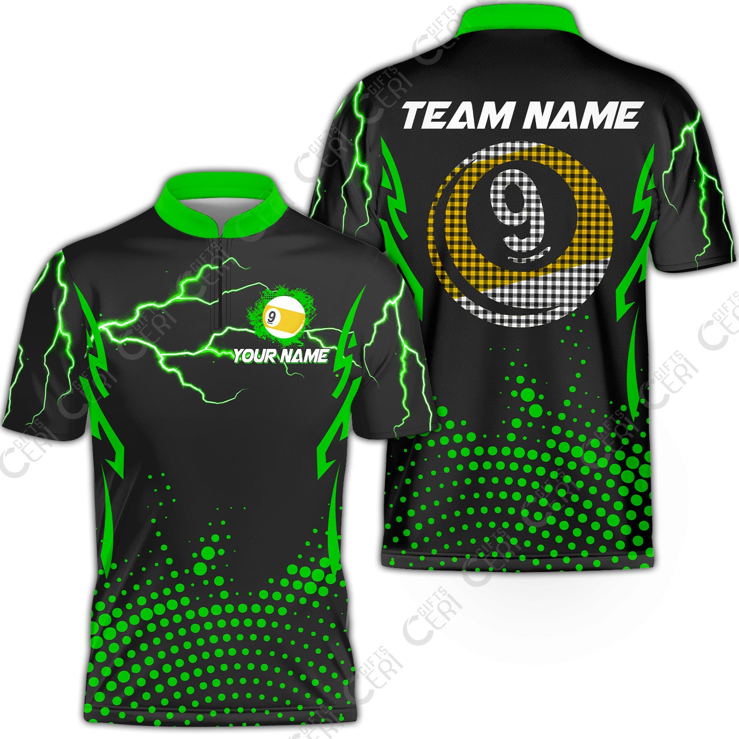 Customized Billiards Stand Collar Quarter-Zip Short Sleeve Jersey, Lightning Graphics With Dots 9 Ball Pool Jersey