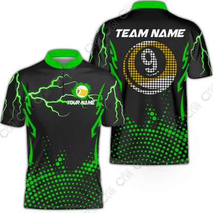 Customized Billiards Stand Collar Quarter-Zip Short Sleeve Jersey, Lightning Graphics With Dots 9 Ball Pool Jersey