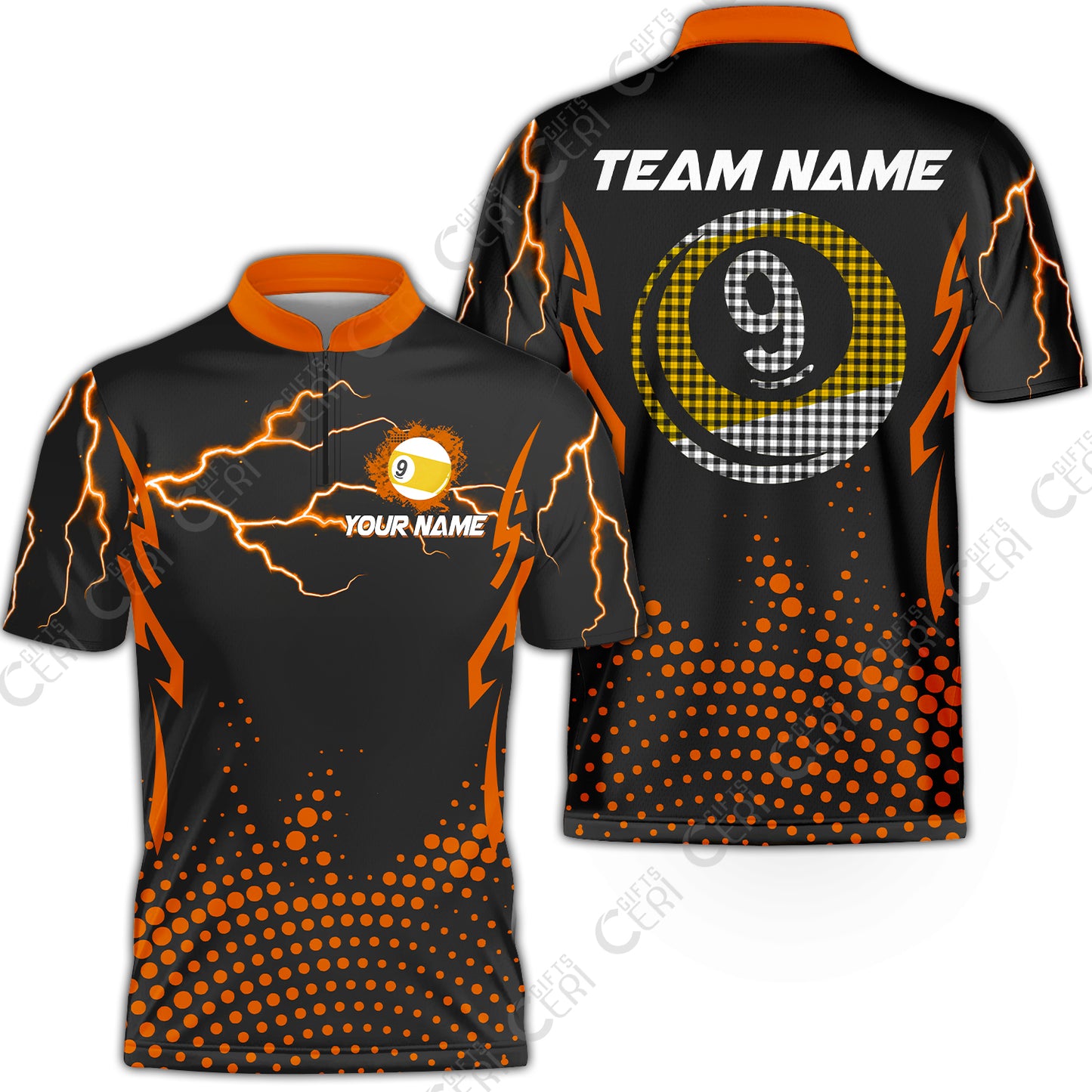 Customized Billiards Stand Collar Quarter-Zip Short Sleeve Jersey, Lightning Graphics With Dots 9 Ball Pool Jersey