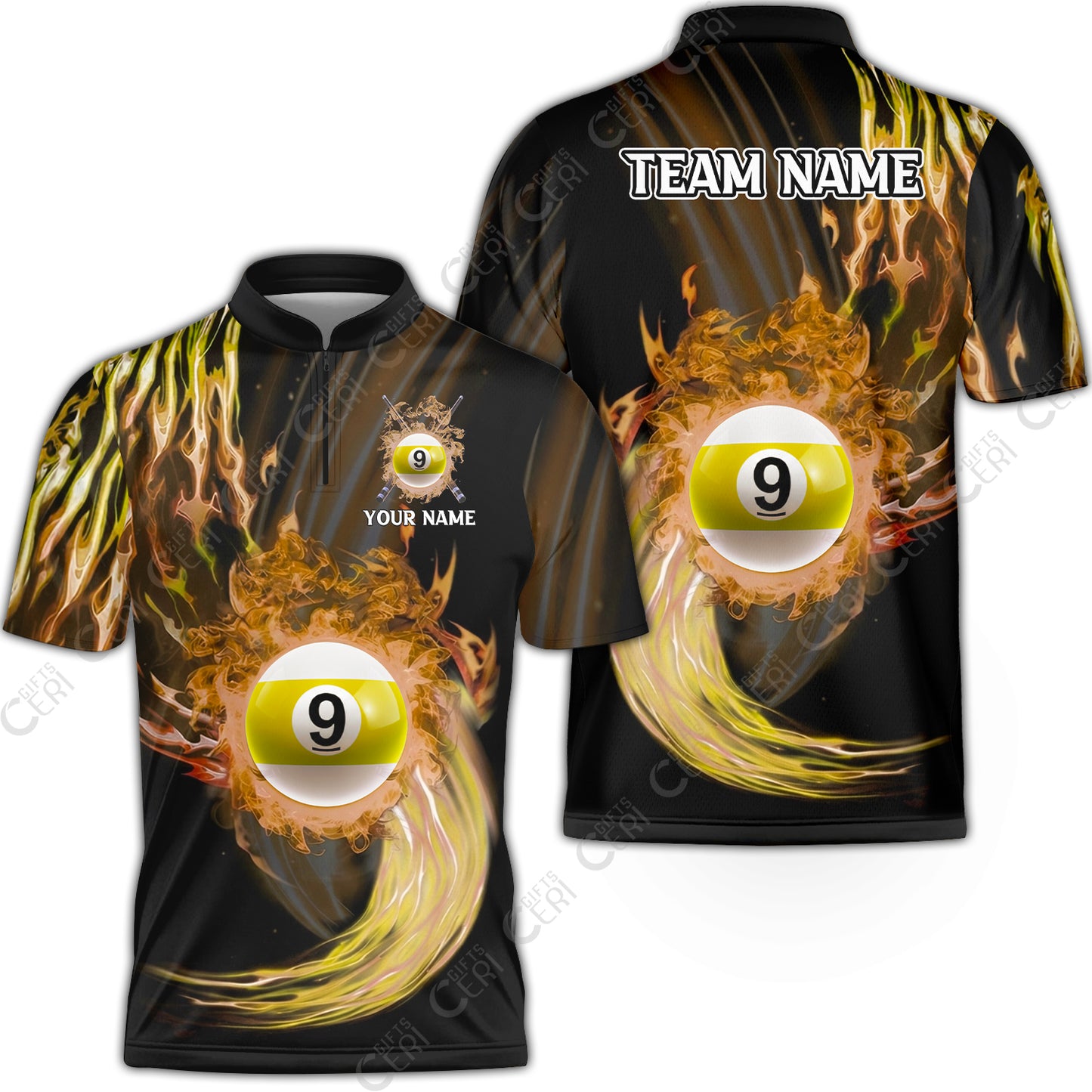 Customized 9 Ball Pool Stand Collar Quarter-Zip Short Sleeve Jersey,9-Ball Swirling Fire And Glowing Smoke, Billiards Jerseys