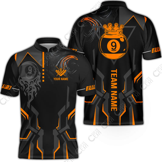 Customized 9 Ball Pool Stand Collar Quarter-Zip Short Sleeve Jersey, 9-Ball Liquid Effect Smoke, Billiard Jerseys