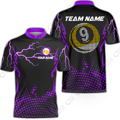 Customized Billiards Stand Collar Quarter-Zip Short Sleeve Jersey, Lightning Graphics With Dots 9 Ball Pool Jersey