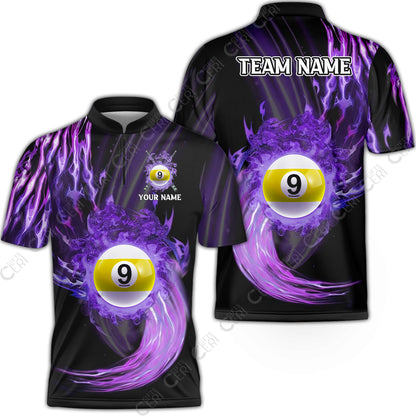 Customized 9 Ball Pool Stand Collar Quarter-Zip Short Sleeve Jersey,9-Ball Swirling Fire And Glowing Smoke, Billiards Jerseys