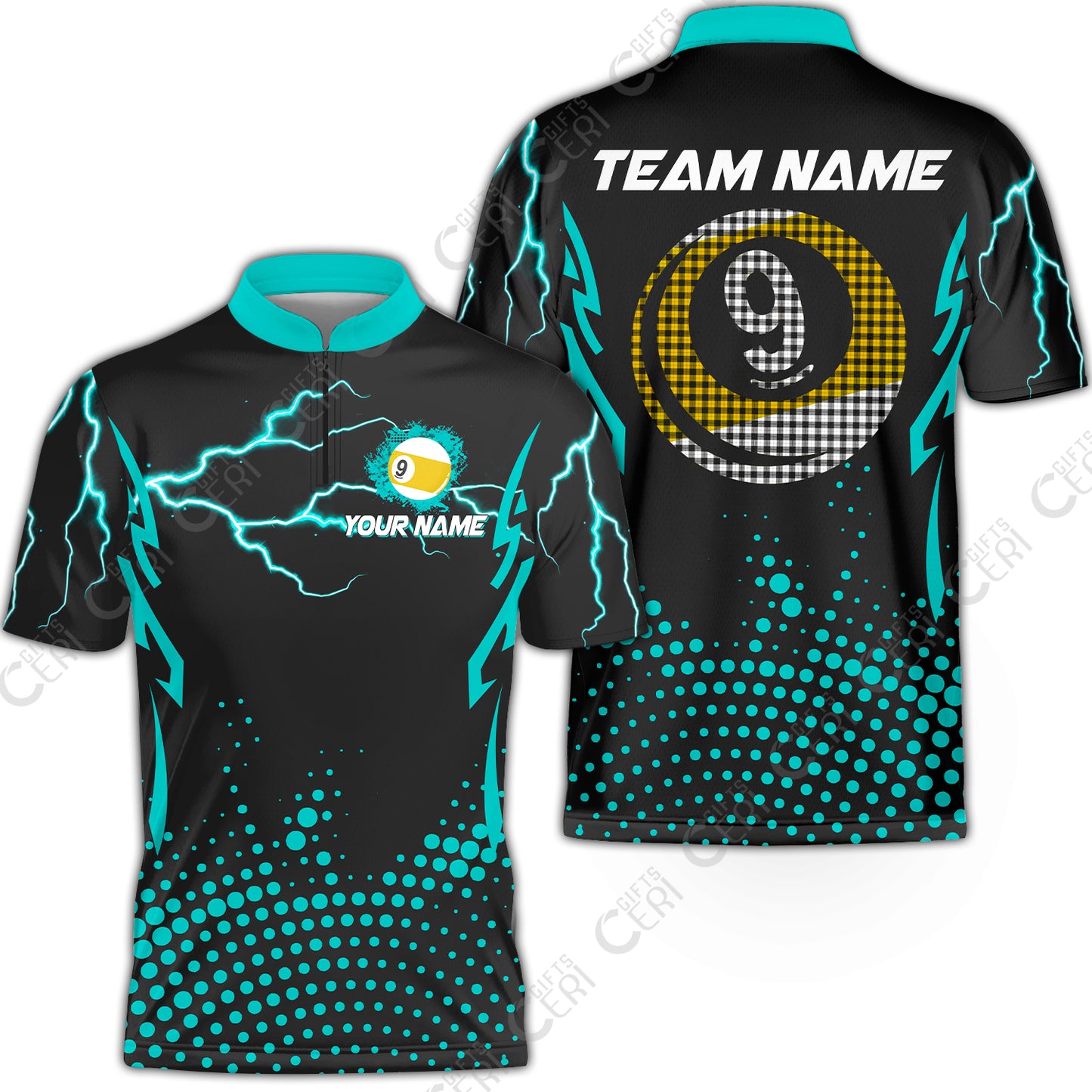 Customized Billiards Stand Collar Quarter-Zip Short Sleeve Jersey, Lightning Graphics With Dots 9 Ball Pool Jersey