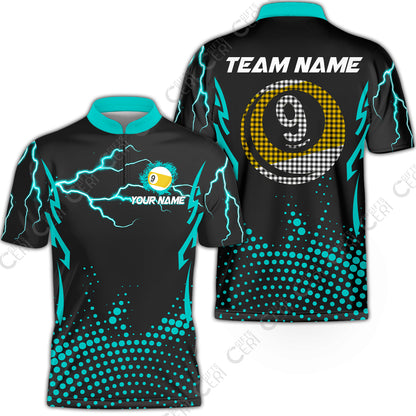 Customized Billiards Stand Collar Quarter-Zip Short Sleeve Jersey, Lightning Graphics With Dots 9 Ball Pool Jersey