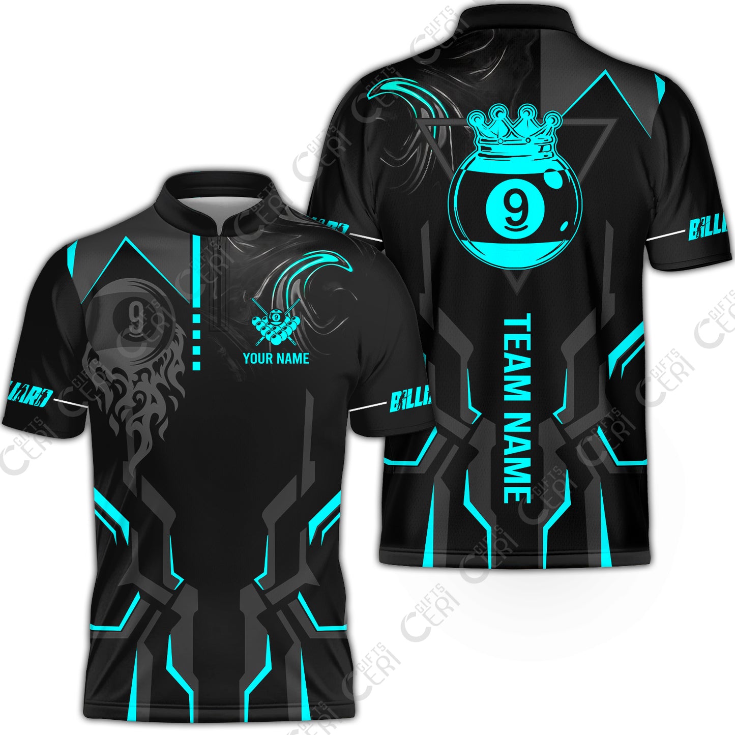 Customized 9 Ball Pool Stand Collar Quarter-Zip Short Sleeve Jersey, 9-Ball Liquid Effect Smoke, Billiard Jerseys