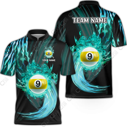 Customized 9 Ball Pool Stand Collar Quarter-Zip Short Sleeve Jersey,9-Ball Swirling Fire And Glowing Smoke, Billiards Jerseys