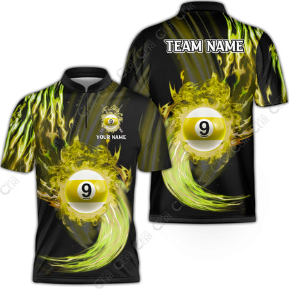 Customized 9 Ball Pool Stand Collar Quarter-Zip Short Sleeve Jersey,9-Ball Swirling Fire And Glowing Smoke, Billiards Jerseys