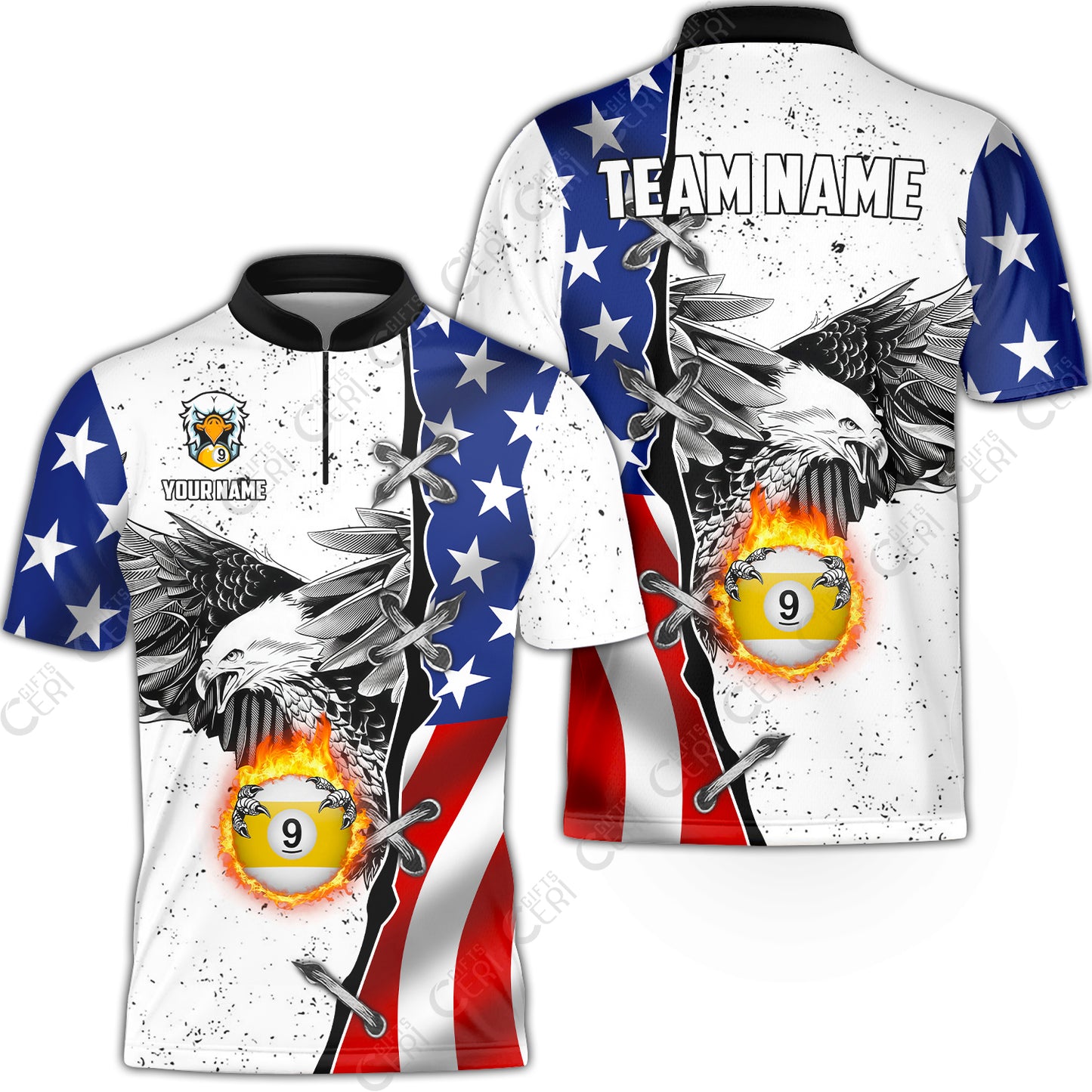 Customized Billiards Stand Collar Quarter-Zip Short Sleeve Jersey, US Flag White Eagle Flame Pin Dust Pattern 9 Ball Jersey