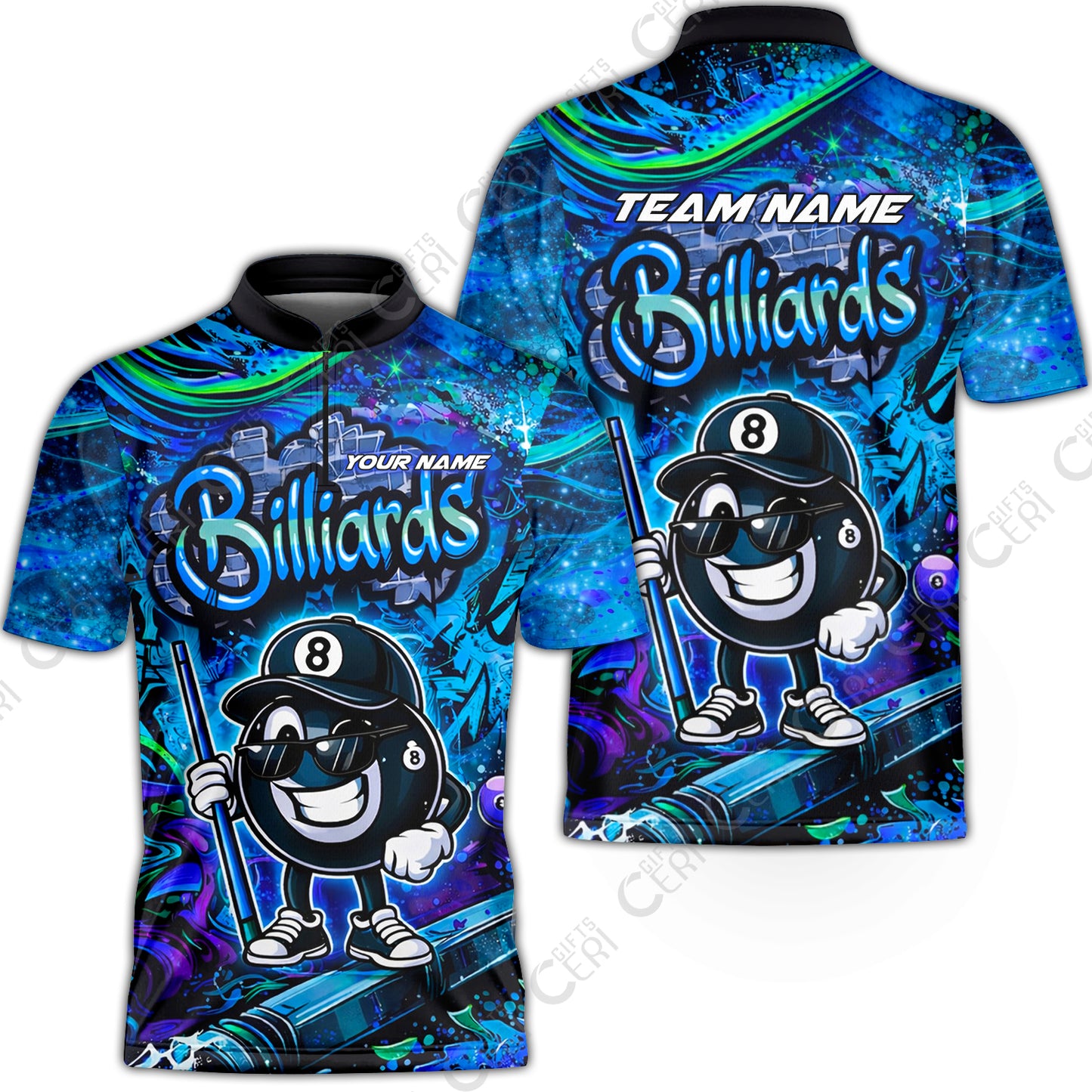 Customized Billiards Stand Collar Quarter-Zip Short Sleeve Jersey, Personalized Street Graffiti 8 Ball Jersey Gift For Billiard Players