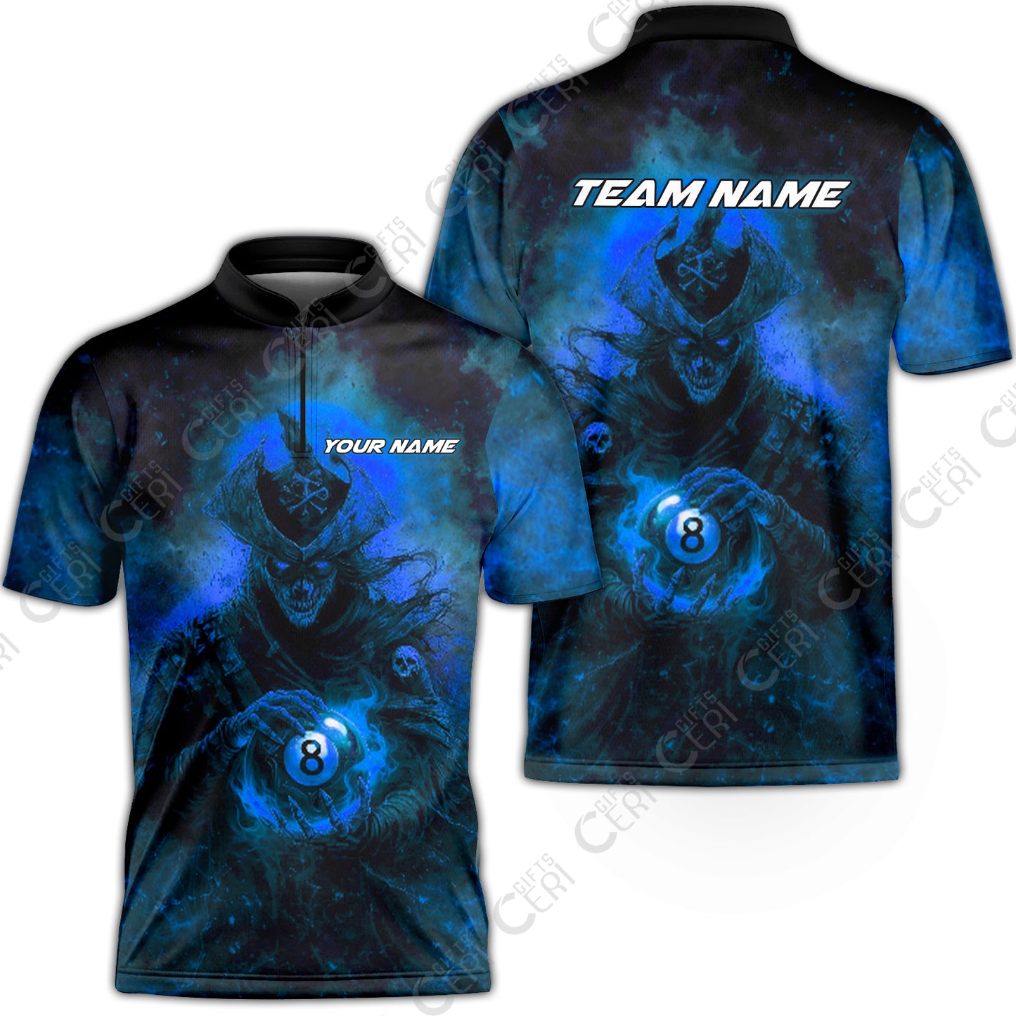 Customized Billiards Stand Collar Quarter-Zip Short Sleeve Jersey, Personalized Ghost Captains 8 Ball Jersey Gift For Billiard Players