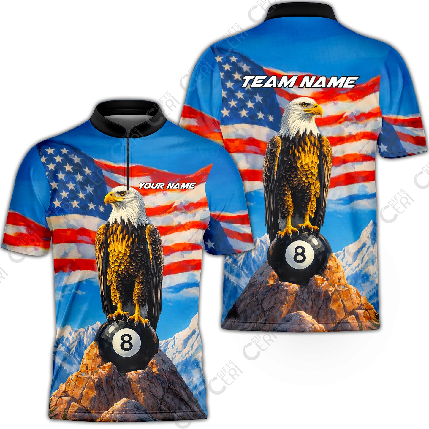 Customized Billiards Stand Collar Quarter-Zip Short Sleeve Jersey, Personalized American Flag With Eagle 8 Ball Jersey Gift For Billiard Players