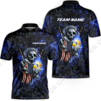 Customized Billiards Stand Collar Quarter-Zip Short Sleeve Jersey, Personalized Ghost Break 9 Ball Jersey Gift For Billiard Players
