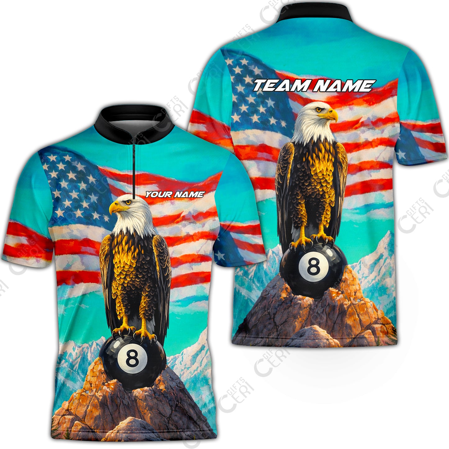 Customized Billiards Stand Collar Quarter-Zip Short Sleeve Jersey, Personalized American Flag With Eagle 8 Ball Jersey Gift For Billiard Players