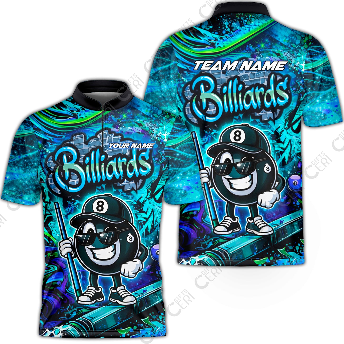 Customized Billiards Stand Collar Quarter-Zip Short Sleeve Jersey, Personalized Street Graffiti 8 Ball Jersey Gift For Billiard Players