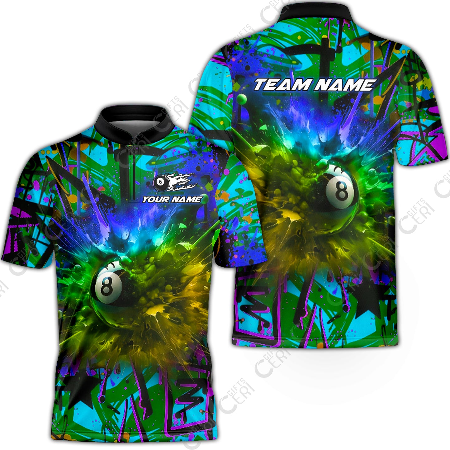 Customized Billiards Stand Collar Quarter-Zip Short Sleeve Jersey, Personalized Neon Chaos 8 Ball Jersey Gift For Billiard Players