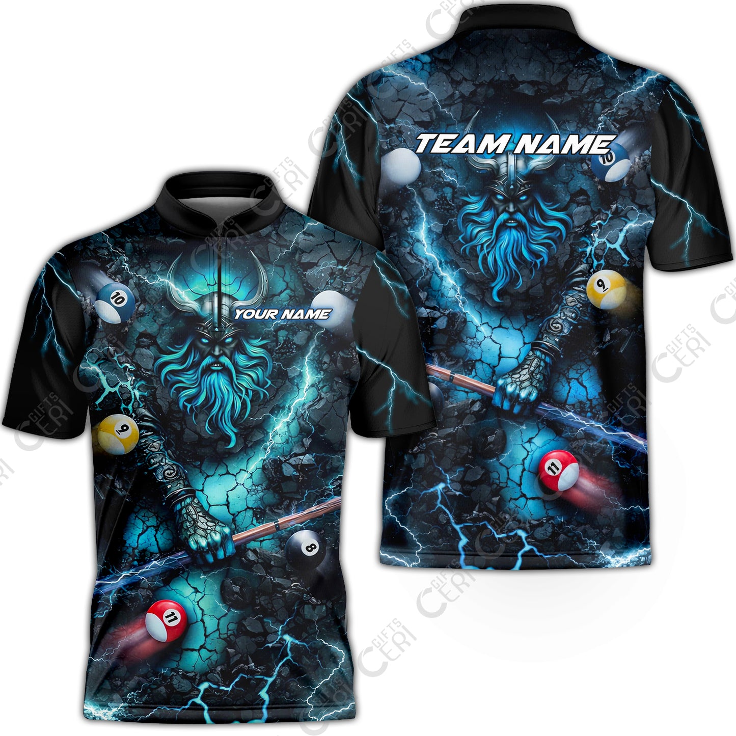 Customized Billiards Stand Collar Quarter-Zip Short Sleeve Jersey, Personalized Thunder Viking Billiards Jersey Gift For Billiard Players