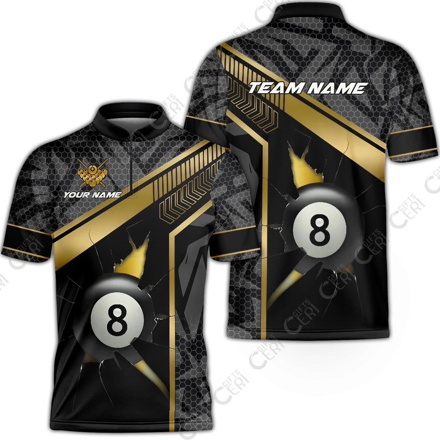 Customized Billiards Stand Collar Quarter-Zip Short Sleeve Jersey, Personalized Hexagonal Patterns With A Cracked Glass 8 Ball Jersey