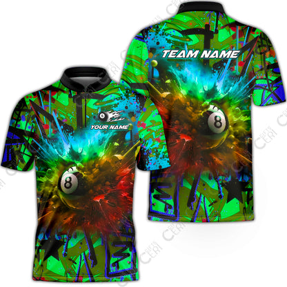 Customized Billiards Stand Collar Quarter-Zip Short Sleeve Jersey, Personalized Neon Chaos 8 Ball Jersey Gift For Billiard Players
