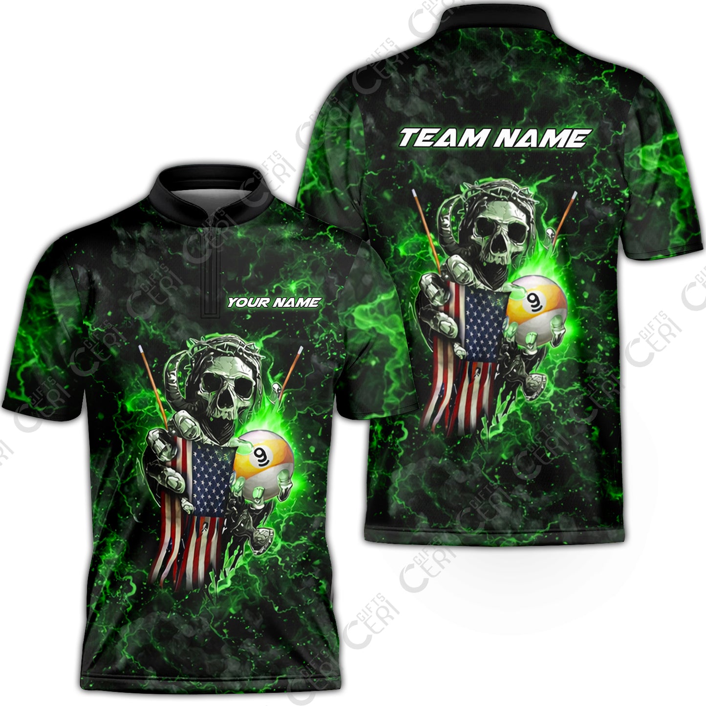Customized Billiards Stand Collar Quarter-Zip Short Sleeve Jersey, Personalized Ghost Break 9 Ball Jersey Gift For Billiard Players