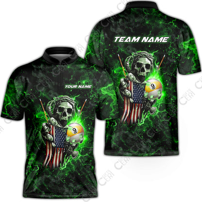 Customized Billiards Stand Collar Quarter-Zip Short Sleeve Jersey, Personalized Ghost Break 9 Ball Jersey Gift For Billiard Players
