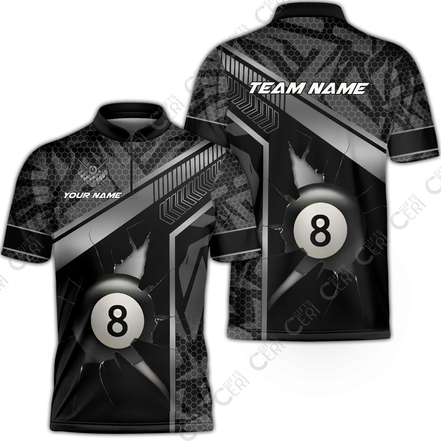 Customized Billiards Stand Collar Quarter-Zip Short Sleeve Jersey, Personalized Hexagonal Patterns With A Cracked Glass 8 Ball Jersey