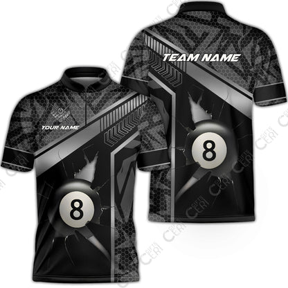 Customized Billiards Stand Collar Quarter-Zip Short Sleeve Jersey, Personalized Hexagonal Patterns With A Cracked Glass 8 Ball Jersey