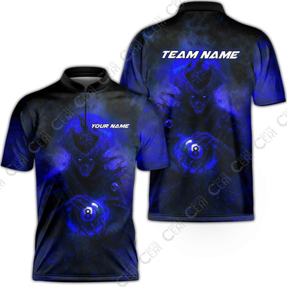 Customized Billiards Stand Collar Quarter-Zip Short Sleeve Jersey, Personalized Ghost Captains 8 Ball Jersey Gift For Billiard Players