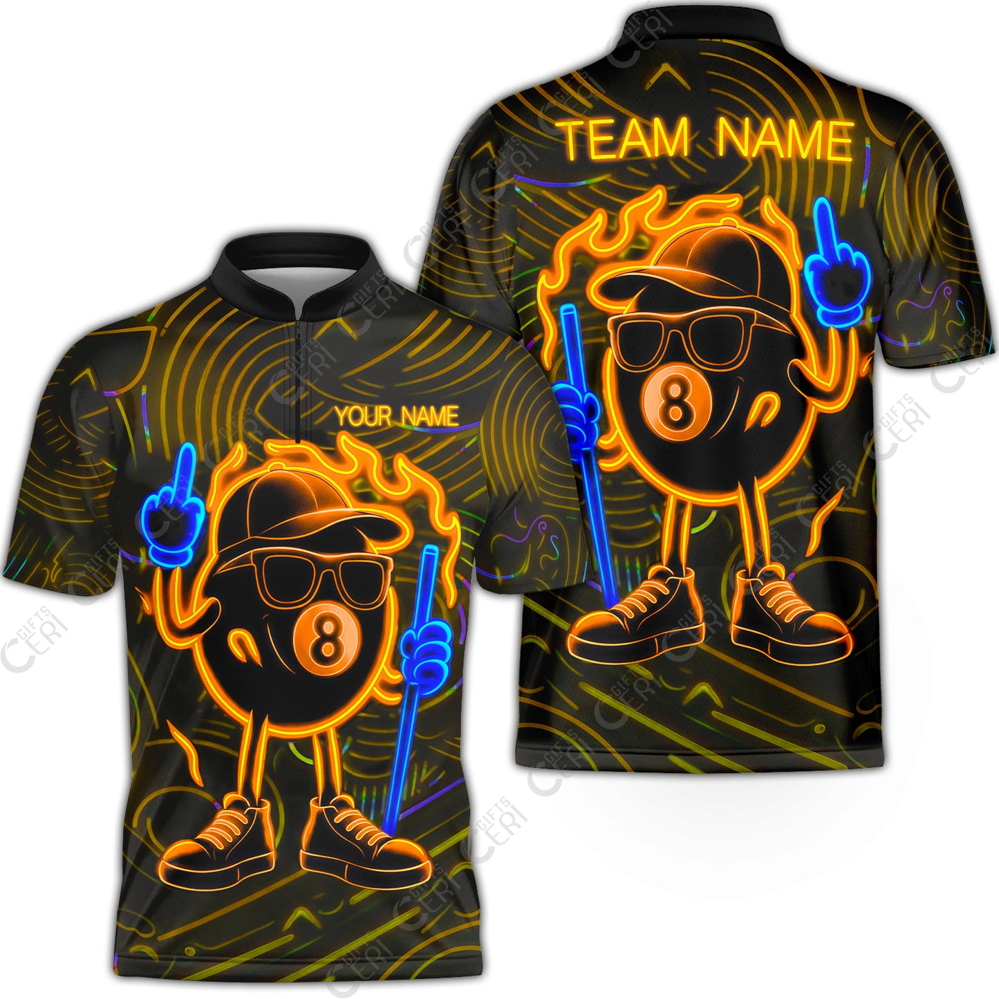 Customized 8 Ball Pool Stand Collar Quarter-Zip Short Sleeve Jersey, 8-Ball Billiard Neon Cartoon Flaming, Billiard Jerseys