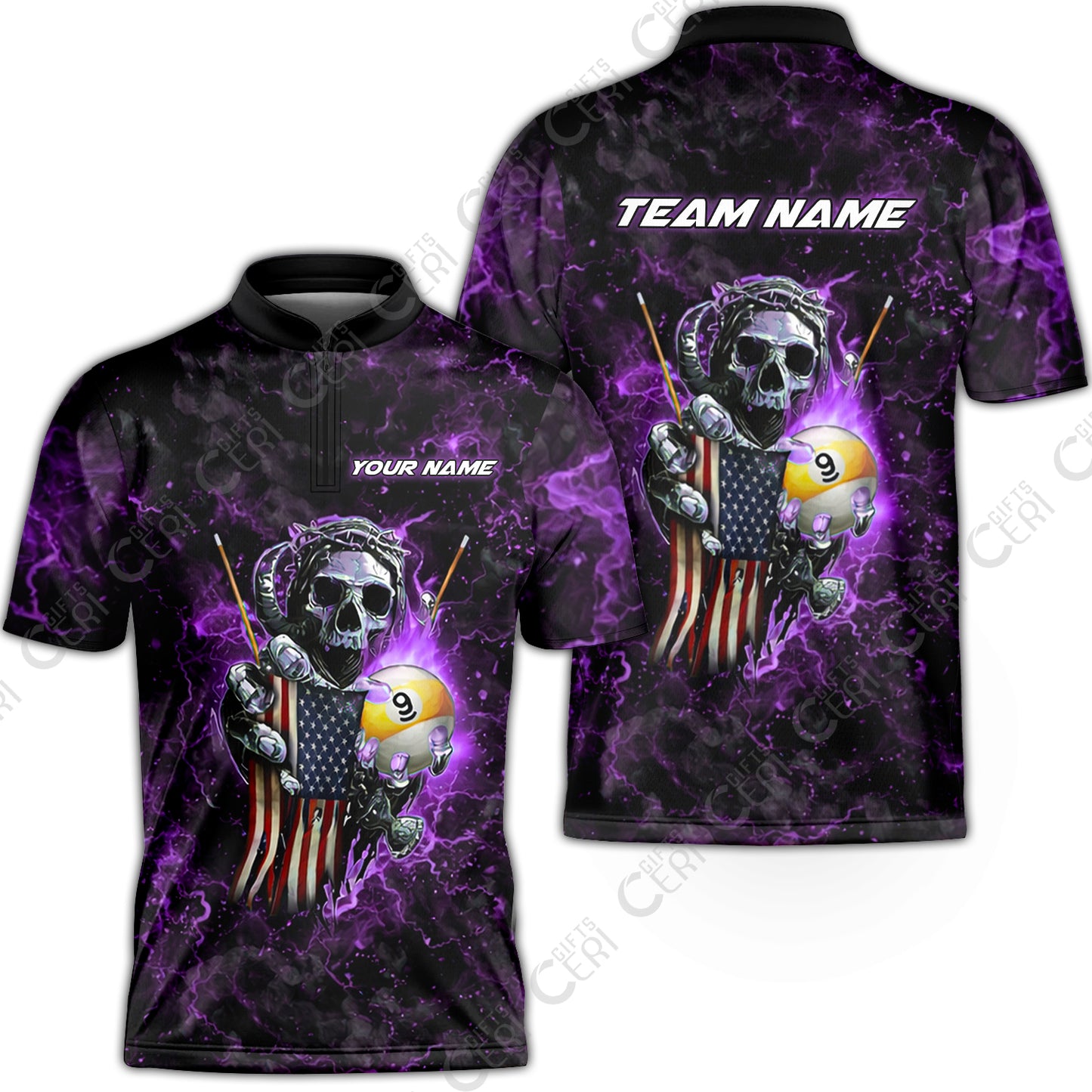 Customized Billiards Stand Collar Quarter-Zip Short Sleeve Jersey, Personalized Ghost Break 9 Ball Jersey Gift For Billiard Players