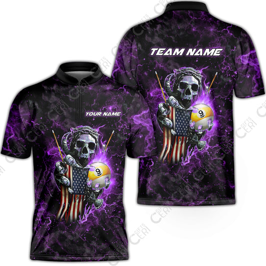 Customized Billiards Stand Collar Quarter-Zip Short Sleeve Jersey, Personalized Ghost Break 9 Ball Jersey Gift For Billiard Players