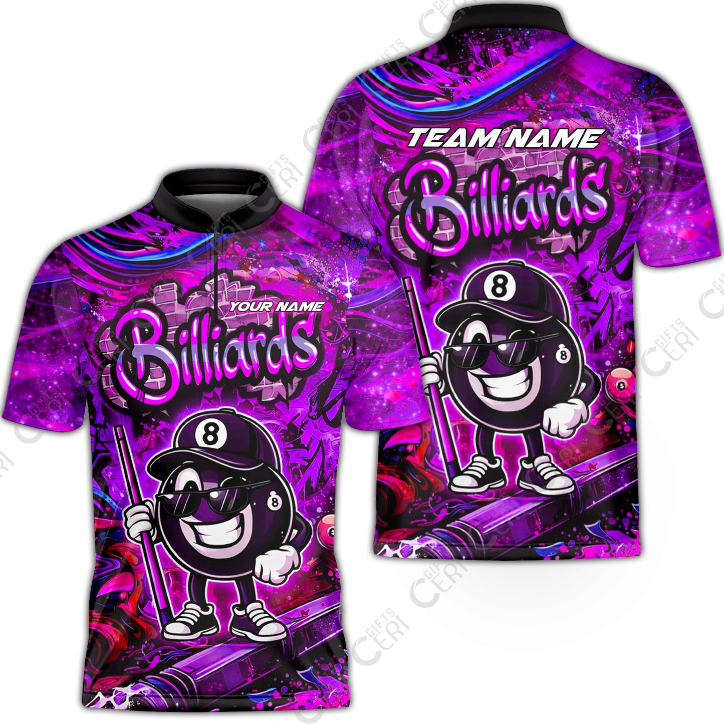 Customized Billiards Stand Collar Quarter-Zip Short Sleeve Jersey, Personalized Street Graffiti 8 Ball Jersey Gift For Billiard Players