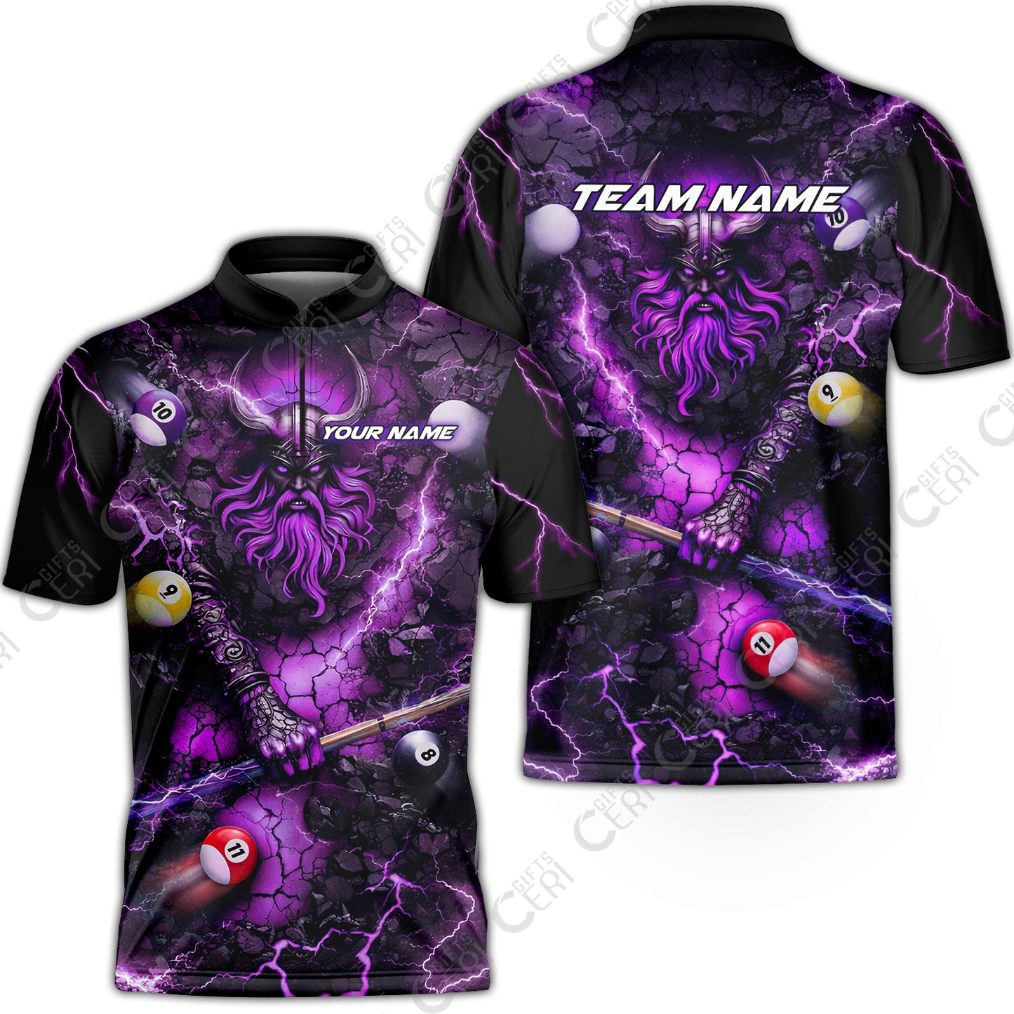 Customized Billiards Stand Collar Quarter-Zip Short Sleeve Jersey, Personalized Thunder Viking Billiards Jersey Gift For Billiard Players