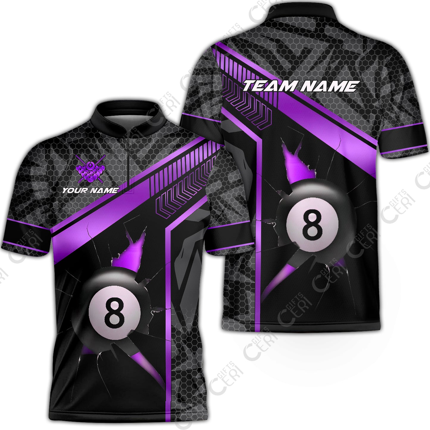 Customized Billiards Stand Collar Quarter-Zip Short Sleeve Jersey, Personalized Hexagonal Patterns With A Cracked Glass 8 Ball Jersey