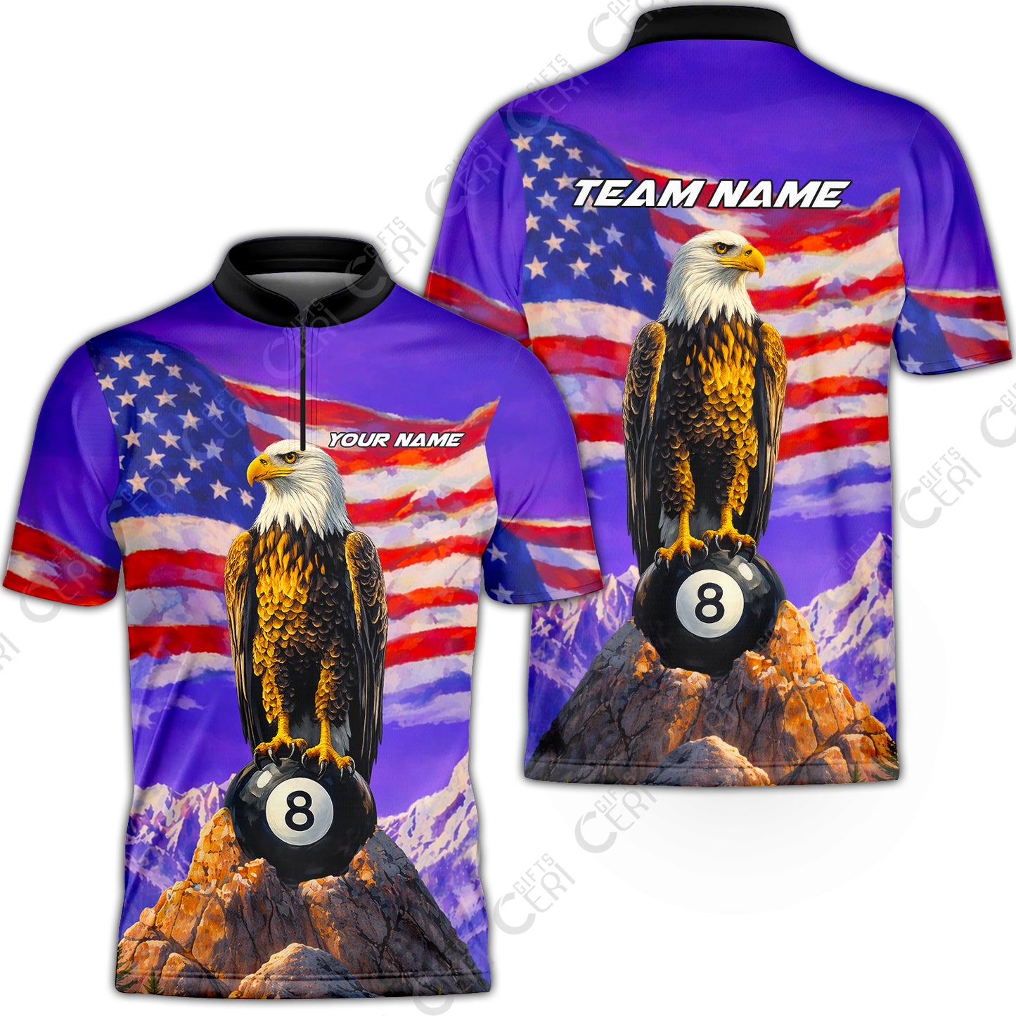 Customized Billiards Stand Collar Quarter-Zip Short Sleeve Jersey, Personalized American Flag With Eagle 8 Ball Jersey Gift For Billiard Players