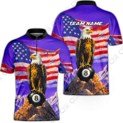 Customized Billiards Stand Collar Quarter-Zip Short Sleeve Jersey, Personalized American Flag With Eagle 8 Ball Jersey Gift For Billiard Players