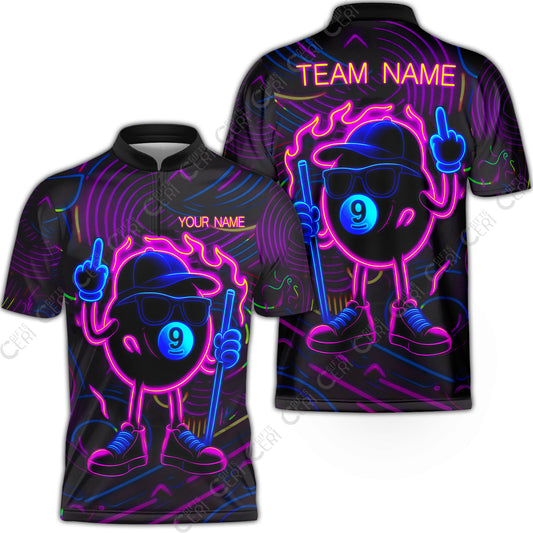 Customized 9 Ball Pool Stand Collar Quarter-Zip Short Sleeve Jersey, 9-Ball Billiard Neon Cartoon Flaming, Billiard Jerseys